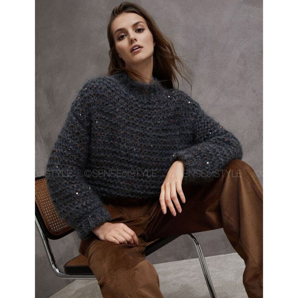 Brunello Cucinelli Sweater Top with Sequins Gray Size M